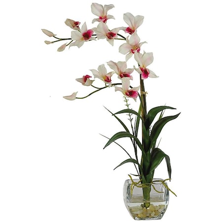 Nearly Natural Dendrobium with Glass Vase Silk Flower Arrangement- White 1135-WH